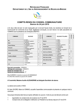 COMPTE-RENDU DU CONSEIL COMMUNAUTAIRE Séance Du 24 Juin 2019