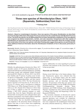 Three New Species of Hemidactylus Oken, 1817 (Squamata, Gekkonidae) from Iran 1,2,3Farhang Torki