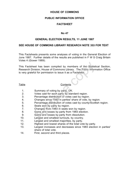 General Election Results, 11 June 1987
