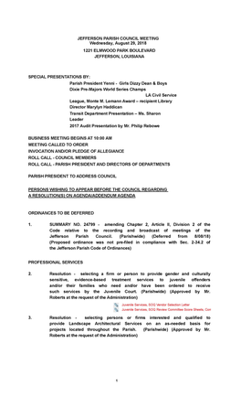 JEFFERSON PARISH COUNCIL MEETING Wednesday, August 29, 2018 1221 ELMWOOD PARK BOULEVARD JEFFERSON, LOUISIANA