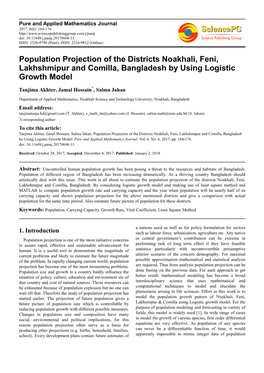 Population Projection of the Districts Noakhali, Feni, Lakhshmipur and Comilla, Bangladesh by Using Logistic Growth Model