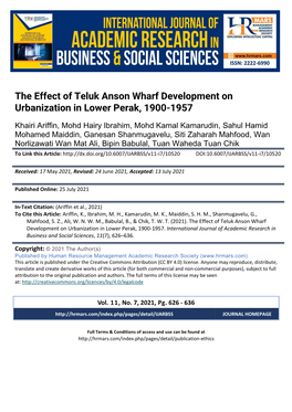The Effect of Teluk Anson Wharf Development on Urbanization in Lower Perak, 1900-1957