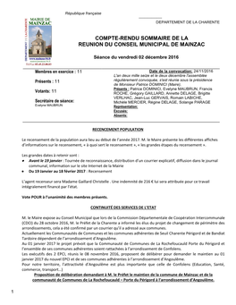 Compte-Rendu Sommaire De La Reunion Du Conseil Municipal De Mainzac