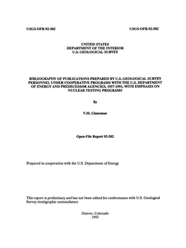 Prepared in Cooperation with the U.S. Department of Energy This Report Is Preliminary and Has Not Been Edited for Conformance Wi