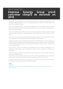 Empresa Synergy Group Prevé Concretar Compra De Aeromar En 2018