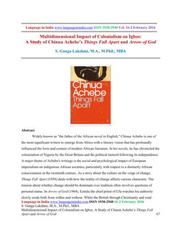 Multidimensional Impact of Colonialism on Igbos: a Study of Chinua Achebe’S Things Fall Apart and Arrow of God