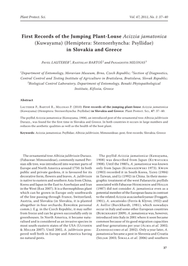 First Records of the Jumping Plant-Louse Acizzia Jamatonica (Kuwayama) (Hemiptera: Sternorrhyncha: Psyllidae) in Slovakia and Greece