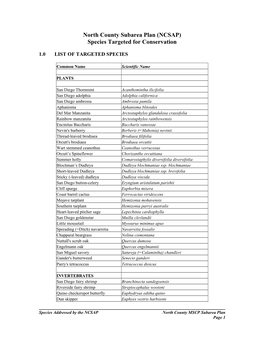 North County Subarea Plan (NCSAP) Species Targeted for Conservation
