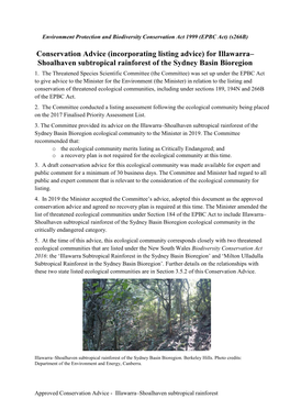 Conservation Advice (Incorporating Listing Advice) for Illawarra– Shoalhaven Subtropical Rainforest of the Sydney Basin Bioregion 1