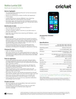 Nokia Lumia 530 Features & Speciﬁ Cations