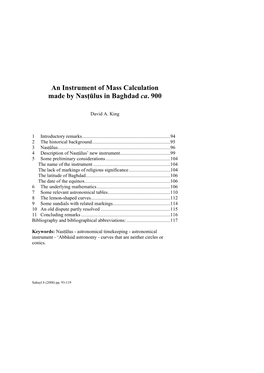 An Instrument of Mass Calculation Made by Nasğūlus in Baghdad Ca