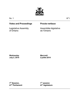 Votes and Proceedings Procès-Verbaux Legislative Assembly of Ontario Assemblée Législative De L'ontario