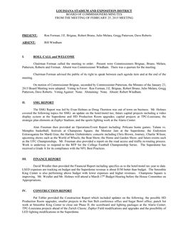 Louisiana Stadium and Exposition District Board of Commissioners Minutes from the Meeting of February 25, 2015 Meeting