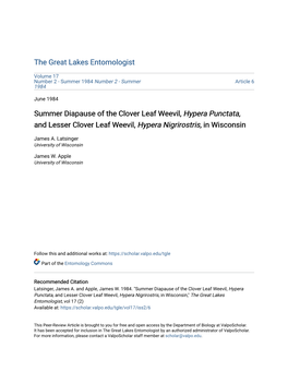 Summer Diapause of the Clover Leaf Weevil, Hypera Punctata, and Lesser Clover Leaf Weevil, Hypera Nigrirostris, in Wisconsin