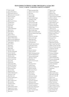 MANA POOLS NATIONAL PARK CHECKLIST As at June 2013 R=Rare, V=Vagrant, ?=Confirmation Required, E=Escarpment