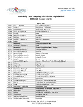 New Jersey Youth Symphony Solo Audition Requirements 2020-2021 Bassoon Solo List