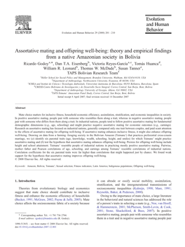 Assortative Mating and Offspring Well-Being: Theory and Empirical Findings from a Native Amazonian Society in Bolivia ⁎ Ricardo Godoya, , Dan T.A