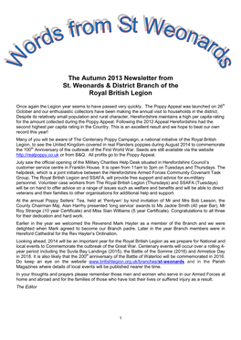 The Autumn 2013 Newsletter from St. Weonards & District Branch of The