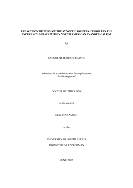 Redaction Criticism of the Synoptic Gospels: Its Role in the Inerrancy Debate Within North American Evangelicalism