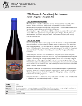 2020 Manoir Du Carra Beaujolais Nouveau France – Burgundy – Beaujolais AOC