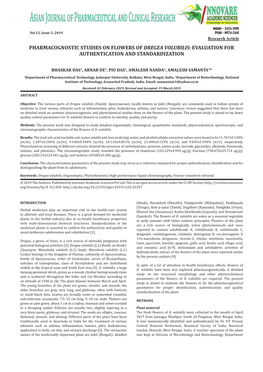 Pharmacognostic Studies on Flowers of Dregea Volubilis: Evaluation for Authentication and Standardization