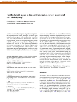 Fertile Diploid Males in the Ant Cataglyphis Cursor: a Potential Cost of Thelytoky?