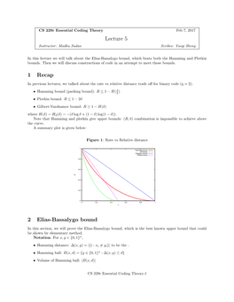 Lecture 5 1 Recap 2 Elias-Bassalygo Bound