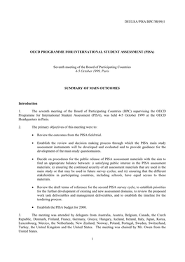 DEELSA/PISA/BPC/M(99)1 1 OECD PROGRAMME for INTERNATIONAL STUDENT ASSESSMENT (PISA) Seventh Meeting of the Board of Participatin