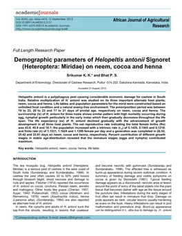 Demographic Parameters of Helopeltis Antonii Signoret (Heteroptera: Miridae) on Neem, Cocoa and Henna