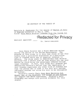 Zora Neale Hurston: Freedom Fromthe Inside out R--,, Redacted for Privacy Abstract Approved: Dr