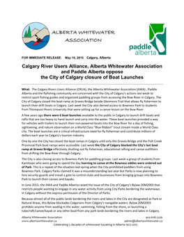 Calgary River Users Alliance, Alberta Whitewater Association and Paddle Alberta Oppose the City of Calgary Closure of Boat Launches
