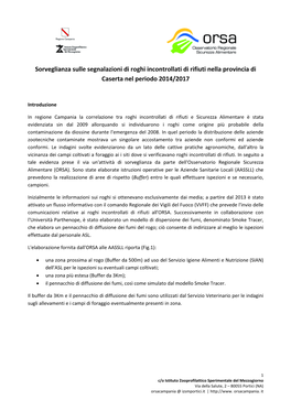 Sorveglianza Sulle Segnalazioni Di Roghi Incontrollati Di Rifiuti Nella Provincia Di Caserta Nel Periodo 2014/2017