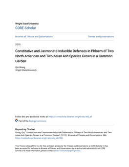 Constitutive and Jasmonate-Inducible Defenses in Phloem of Two North American and Two Asian Ash Species Grown in a Common Garden