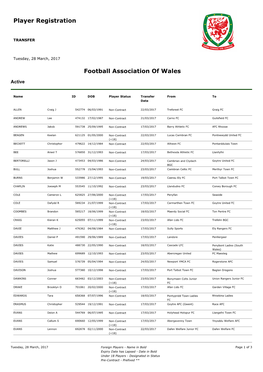 Player Registration Football Association of Wales