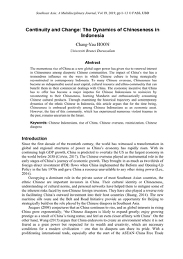 The Dynamics of Chineseness in Indonesia Chang-Yau HOON Universiti Brunei Darussalam