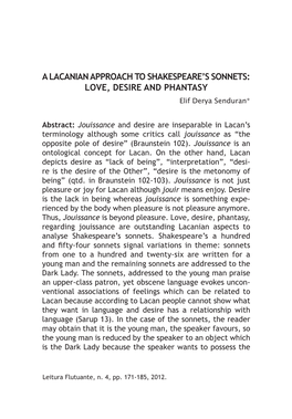 A Lacanian Approach to Shakespeare's Sonnets