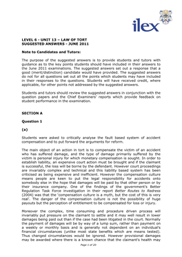 Level 6 - Unit 13 – Law of Tort Suggested Answers - June 2011