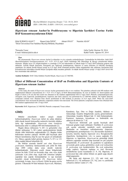 Hypericum Retusum Aucher'in Proliferasyonu Ve Hiperisin İçerikleri Üzerine Farklı BAP Konsantrasyonlarının Etkisi Effect