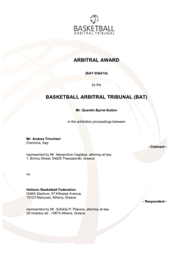 Arbitral Award Basketball Arbitral Tribunal (Bat)