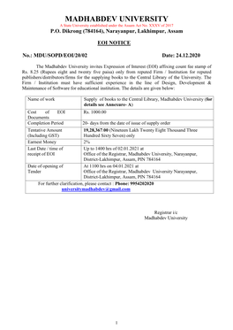 MADHABDEV UNIVERSITY a State University Established Under the Assam Act No