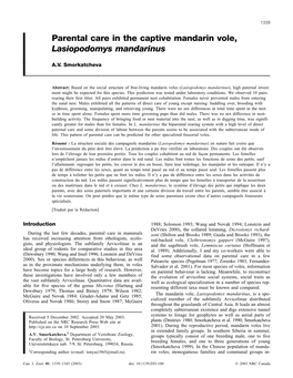 Parental Care in the Captive Mandarin Vole, Lasiopodomys Mandarinus