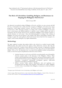 The Role of Colonialism, Gambling, Religion, and Resistance in Shaping the Philippine Third Sector1