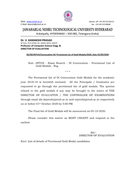 Provisional List of Gold Medals for the Academic Year 2018-19