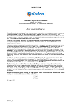 Telstra Corporation Limited Debt Issuance Program