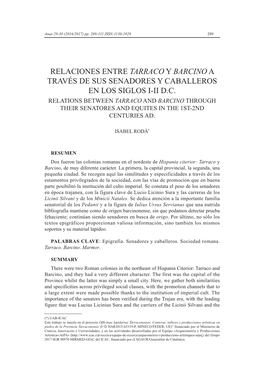 Relaciones Entre Tarraco Y Barcino a Través De Sus Senadores Y Caballeros En Los Siglos Siglos I-II D.C. / Relations Between &Q