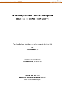 « Comment Pérenniser L'industrie Horlogère En Sécurisant Les Postes Spécifiques