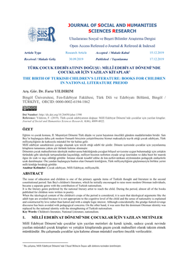 JOURNAL of SOCIAL and HUMANITIES SCIENCES RESEARCH Uluslararası Sosyal Ve Beşeri Bilimler Araştırma Dergisi Open Access Refereed E-Journal & Refereed & Indexed