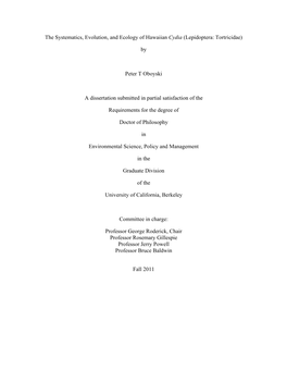 The Systematics, Evolution, and Ecology of Hawaiian Cydia (Lepidoptera: Tortricidae)