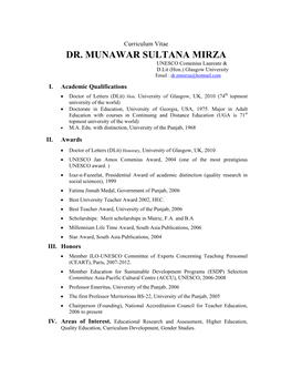 DR. MUNAWAR SULTANA MIRZA UNESCO Comenius Laureate & D.Lit (Hon.) Glasgow University Email : Dr.Mmirza@Hotmail.Com