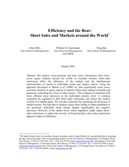 Efficiency and the Bear: Short Sales and Markets Around the World*